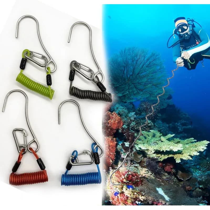 Gancio singolo per barriera corallina in acciaio inossidabile 316 di grado marino con corda anti-smarrimento a molla, accessorio per immersione