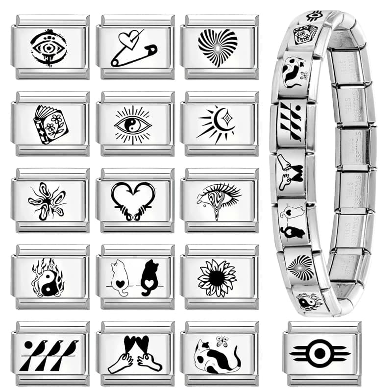 Y2K Creative Laser Engraving Cat Dog Tai Chi Eye Heart Sun Hand Italian Charm Links Fit 9mm Stainless Steel Bracelet DIY Making