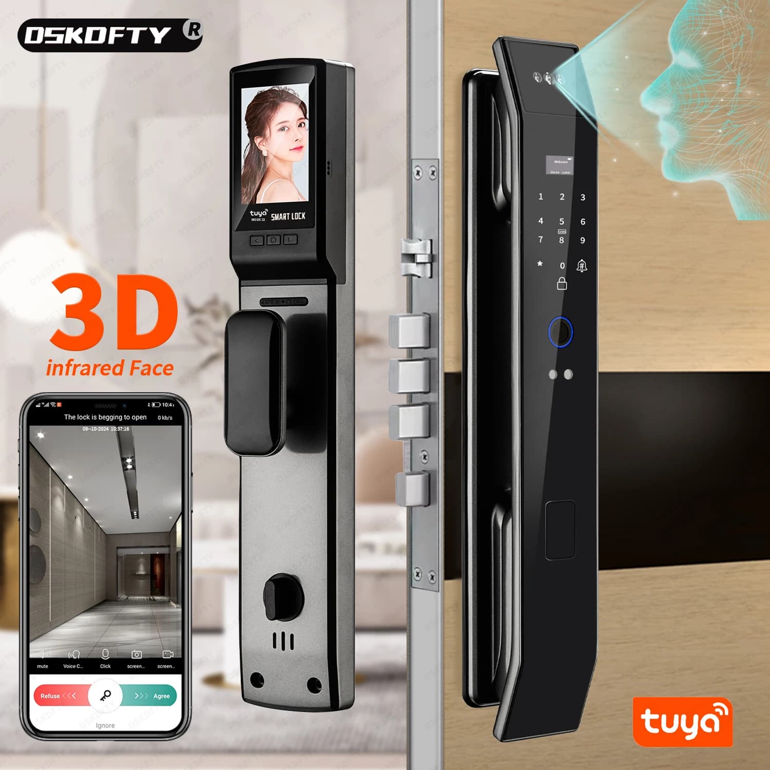 Tuya 3D Face Citofono in tempo reale Serratura elettronica digitale Telecamera di sicurezza Serratura intelligente per impronte digitali intelligente per la casa