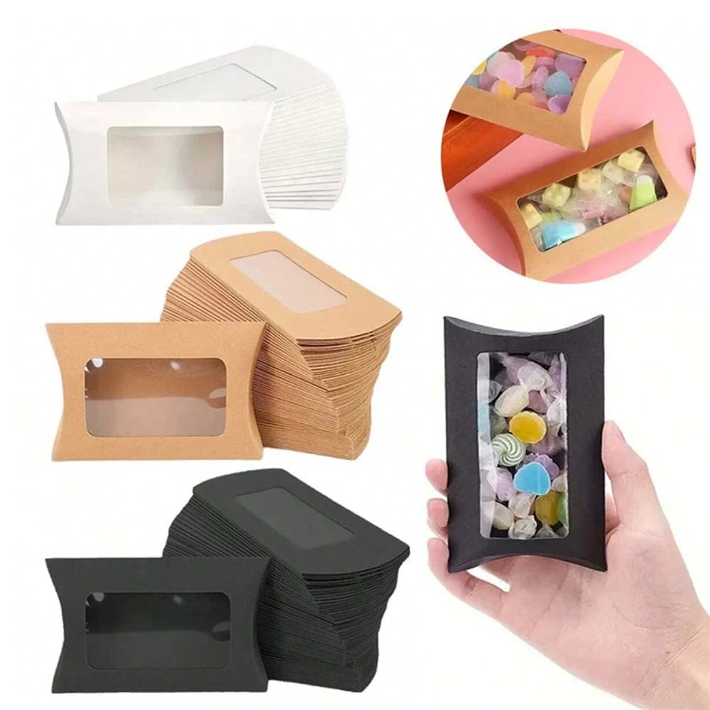Scatola per cuscini in carta kraft da 50 pezzi con finestra trasparente Bomboniere Mini scatola per imballaggio per cuscini per caramelle, cioccolato, regalo, gioielli, matrimonio