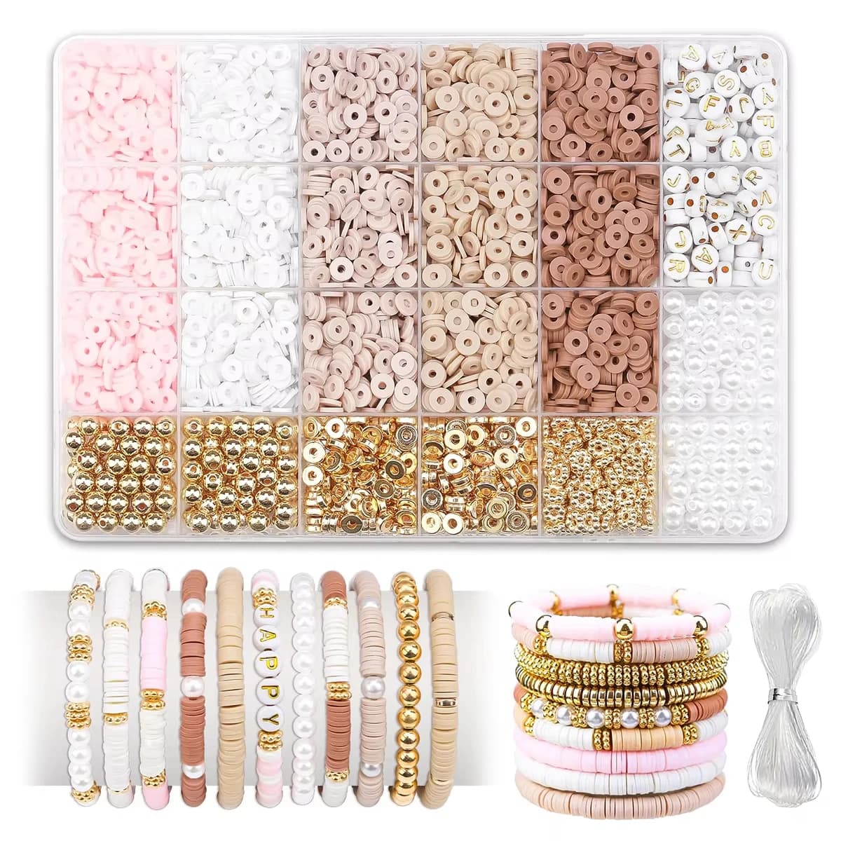 Kit of 1970 light pink clay beads, bracelet creation kits, golden beads, fake pearls for jewelry creation