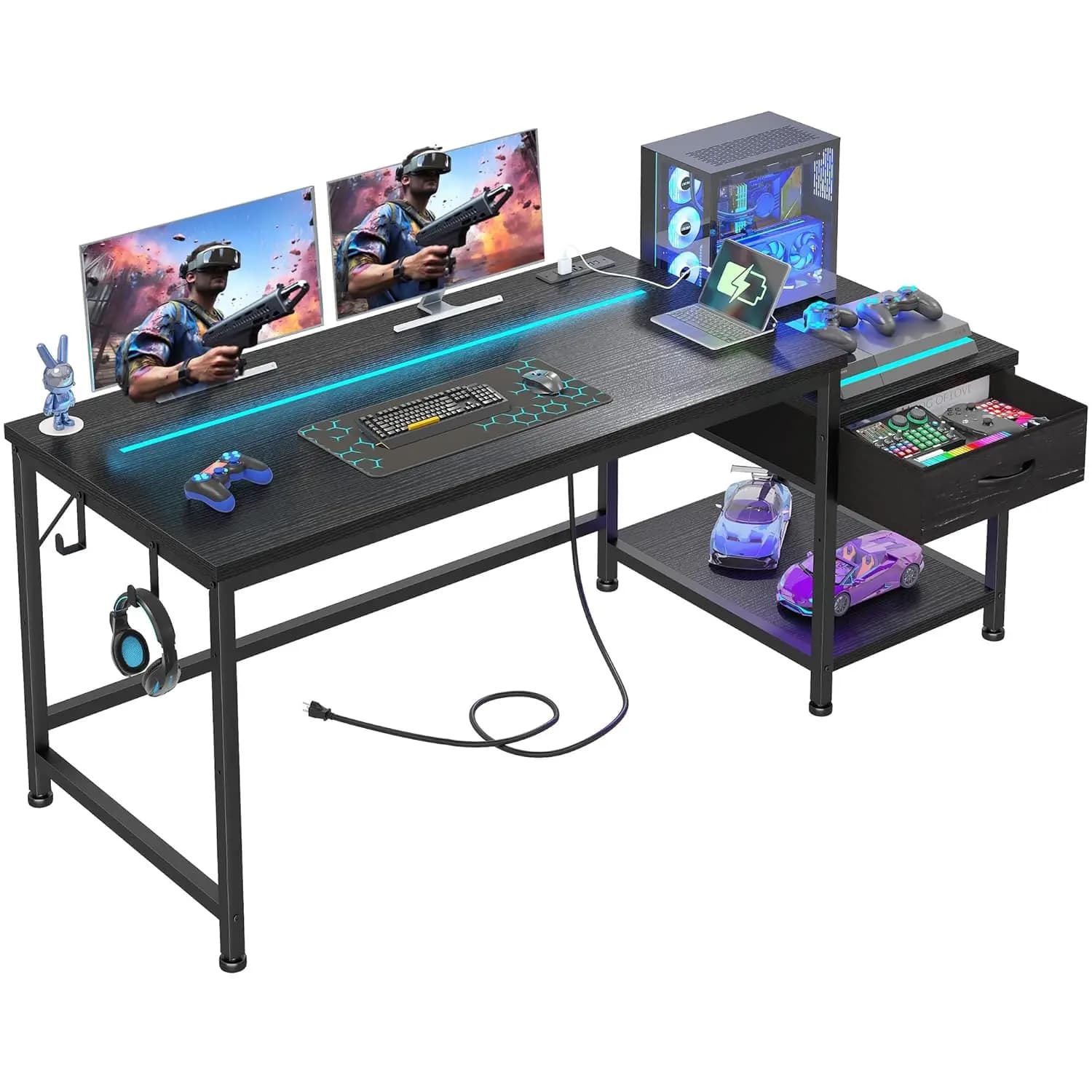 Scrivania da Gaming da 56 Pollici con Cassetti e Ripiano, Scrivania per Computer Reversibile con Luci LED e Prese di Corrente, Tavolo da Studio, Personalizzabile