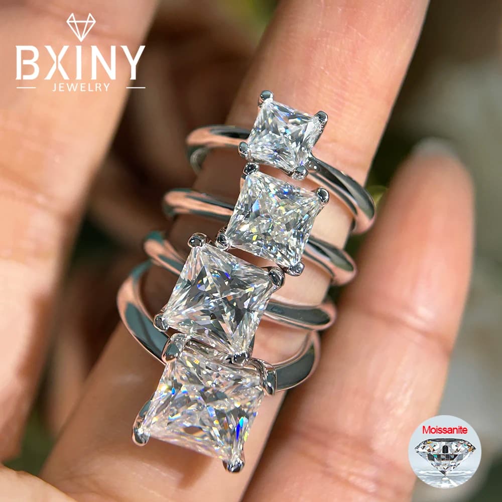 BXINY 1-4Carat Princess Cut Moissanite Rings S925 Silver GRA Certified Lab Diamond Solitaire Wedding Band for Women Gift Jewelry