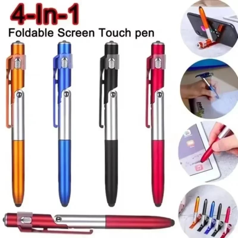 Multifunction 4 in 1 folding ballpoint pen (electric torch + support) for mobile tablet