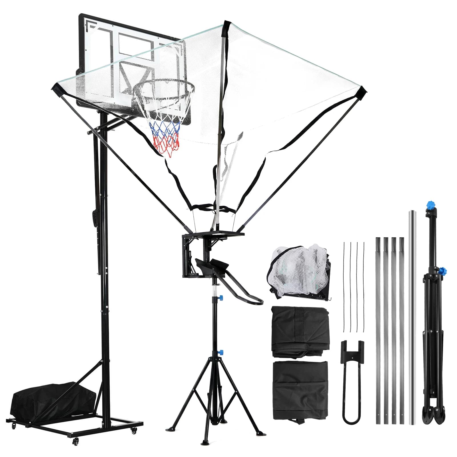 Attrezzatura per Allenamento di Basket con 180 Pezzi ° Telaio Girevole Pieghevole per Allenamento Tiro a Canestro con Altezza Regolabile e Sistema di Ritorno con Rete