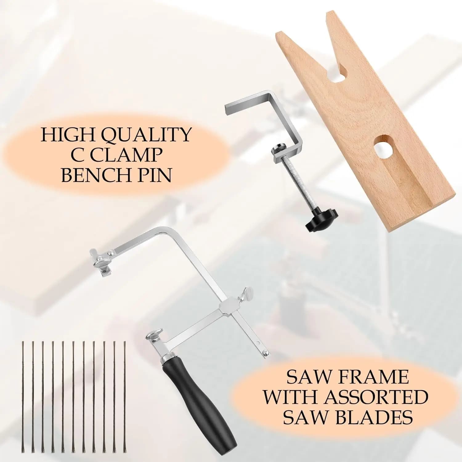 3-in-1 Adjustable Jeweler's Saw Set with 12 Blades and Wood Bench Pin Clamp Metal Wood Crafting Tools for Jewelry Making