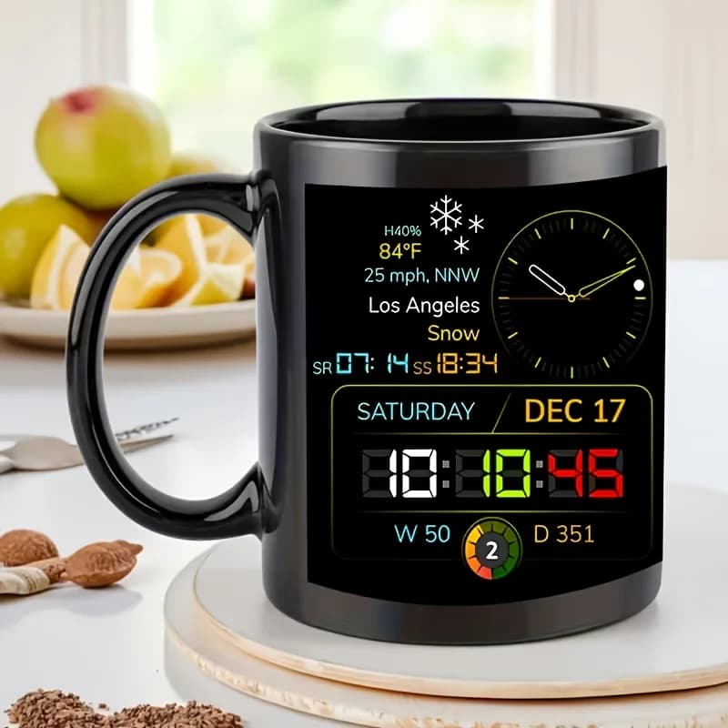 1 11 ounce large cup - 2D printing with digital watch and temperature, 2D flat design, heat-resistant ceramic coffee cup, suitable for M