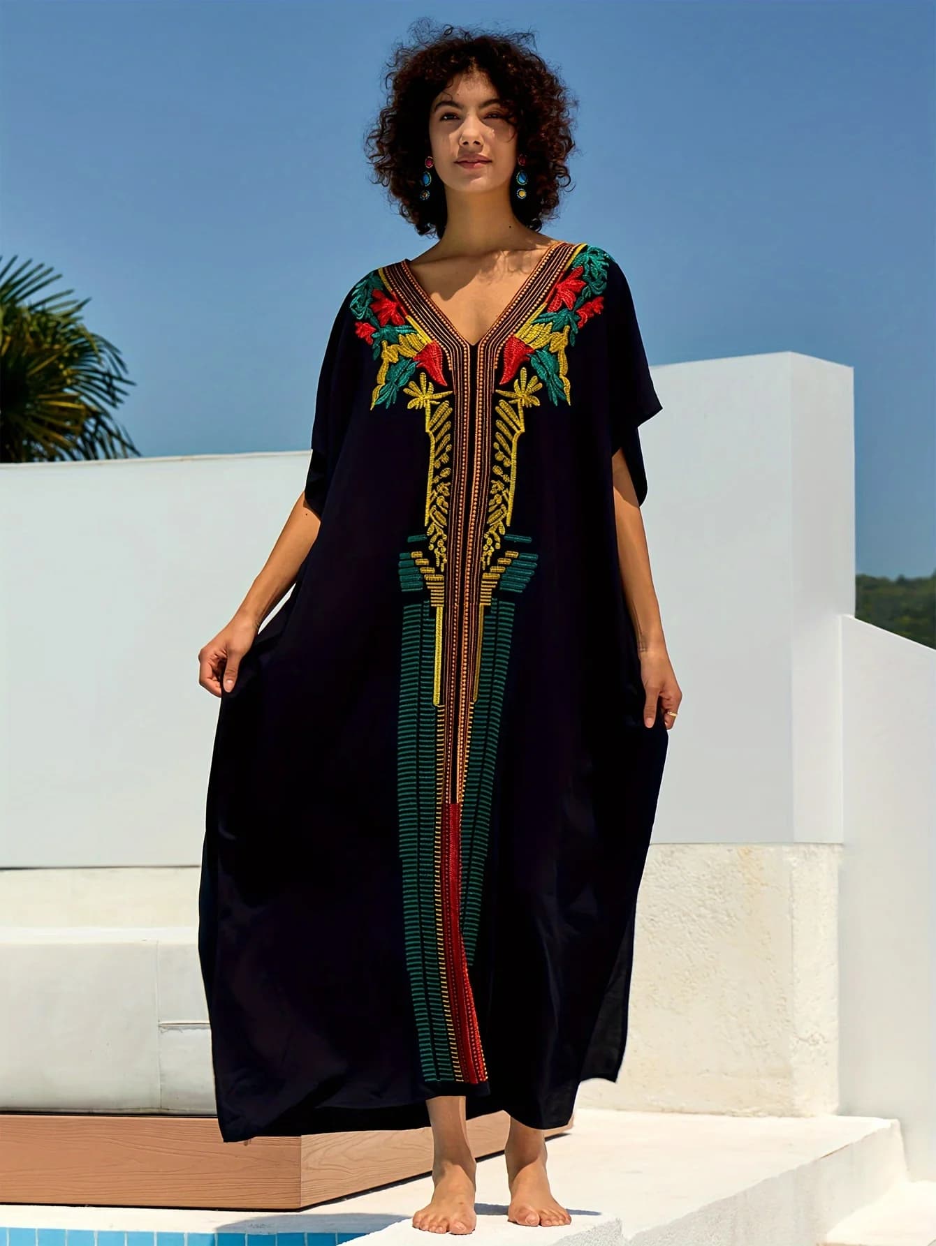 Summer beach dress in black caftano loose women embroidered bohémien bathing suit for vacation Coverup Cozy Robe Outfithipping drops