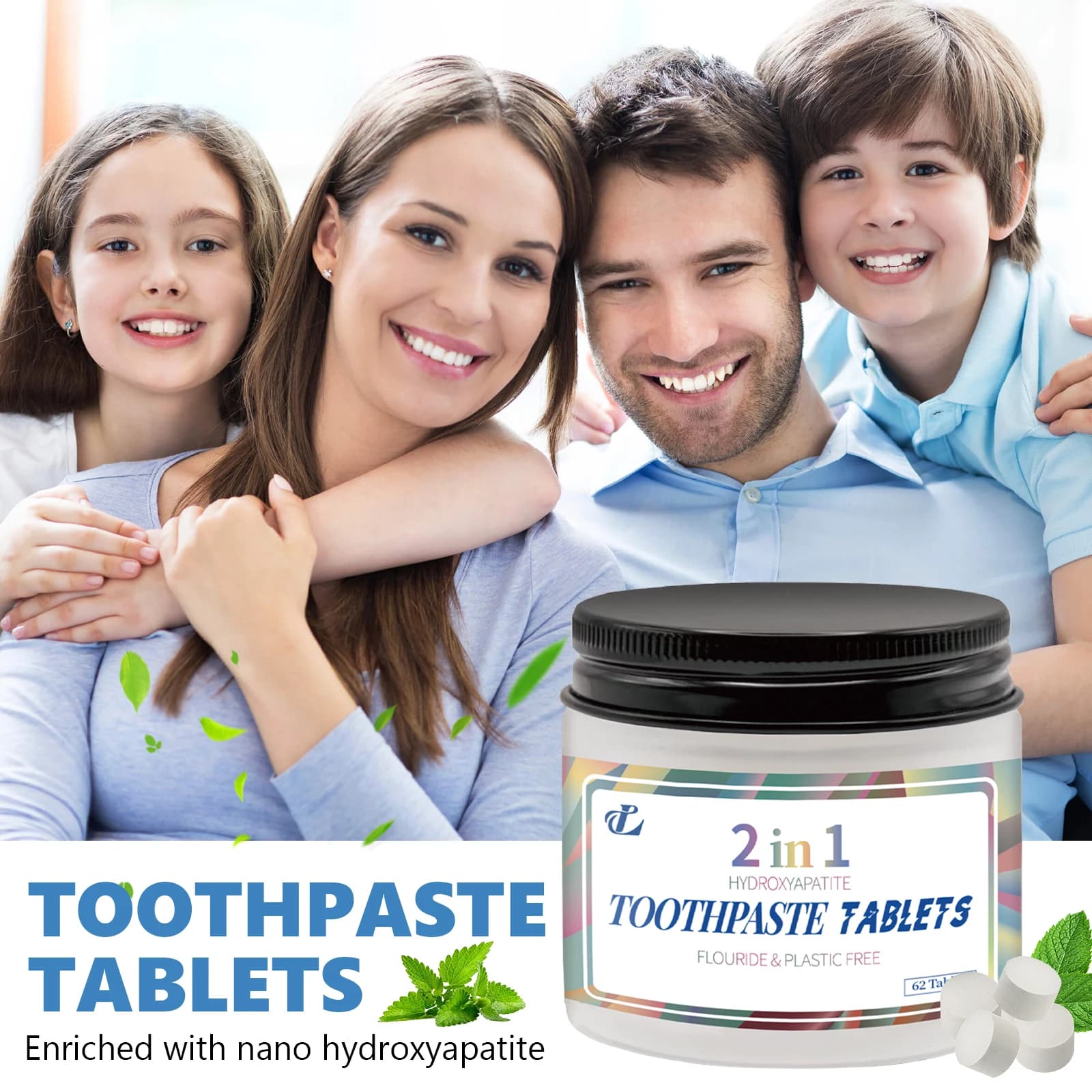 Hydrosapatite toothpaste tablets 2 in 1, 62 pieces, fluorine-free nano HAP, for tooth cleaning, dental care for whitening and nail health