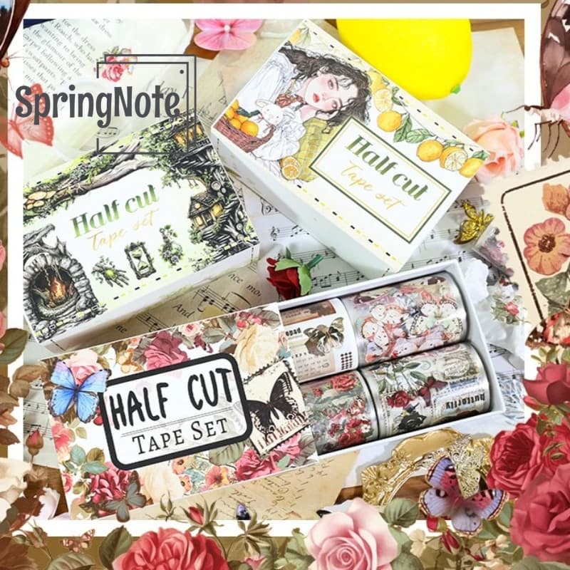 4Pcs/Set Butterfly Envelope PET Washi Tape Vintage Flowers Pre-Cut Decorations Masking Tape For Stickers Scrapbooking Journal