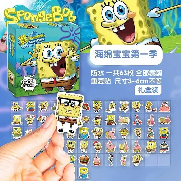 Cartoon SpongeBob SquarePants Simpatici adesivi morbidi in scatola da 60 pezzi Confezione regalo di grandi adesivi per cartoni animati anime ad alto appassionamento