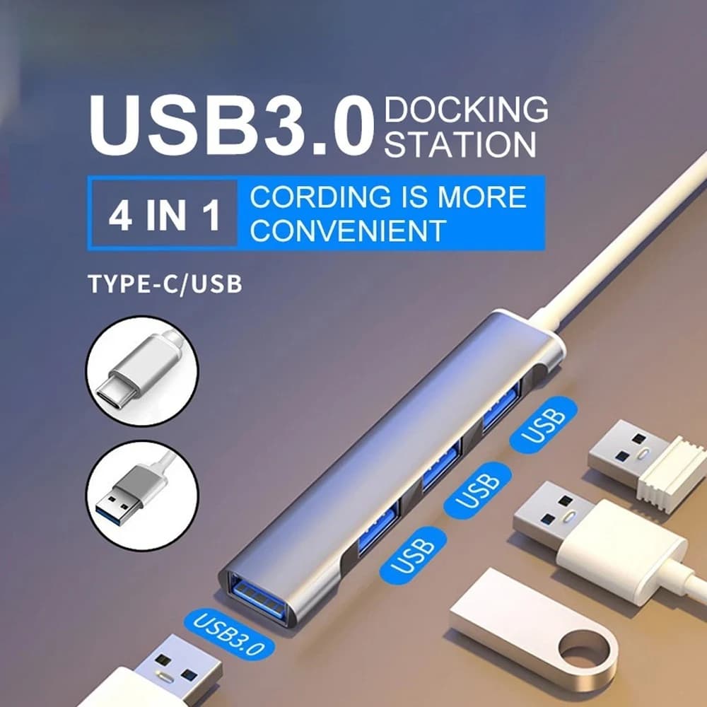 Mini Hub USB C 4-in-1, Docking Station USB 2.0 3.0 Tipo C in Alluminio, Espansore USB con 3 Porte USB e Cavo Tipo C, Distributore USB
