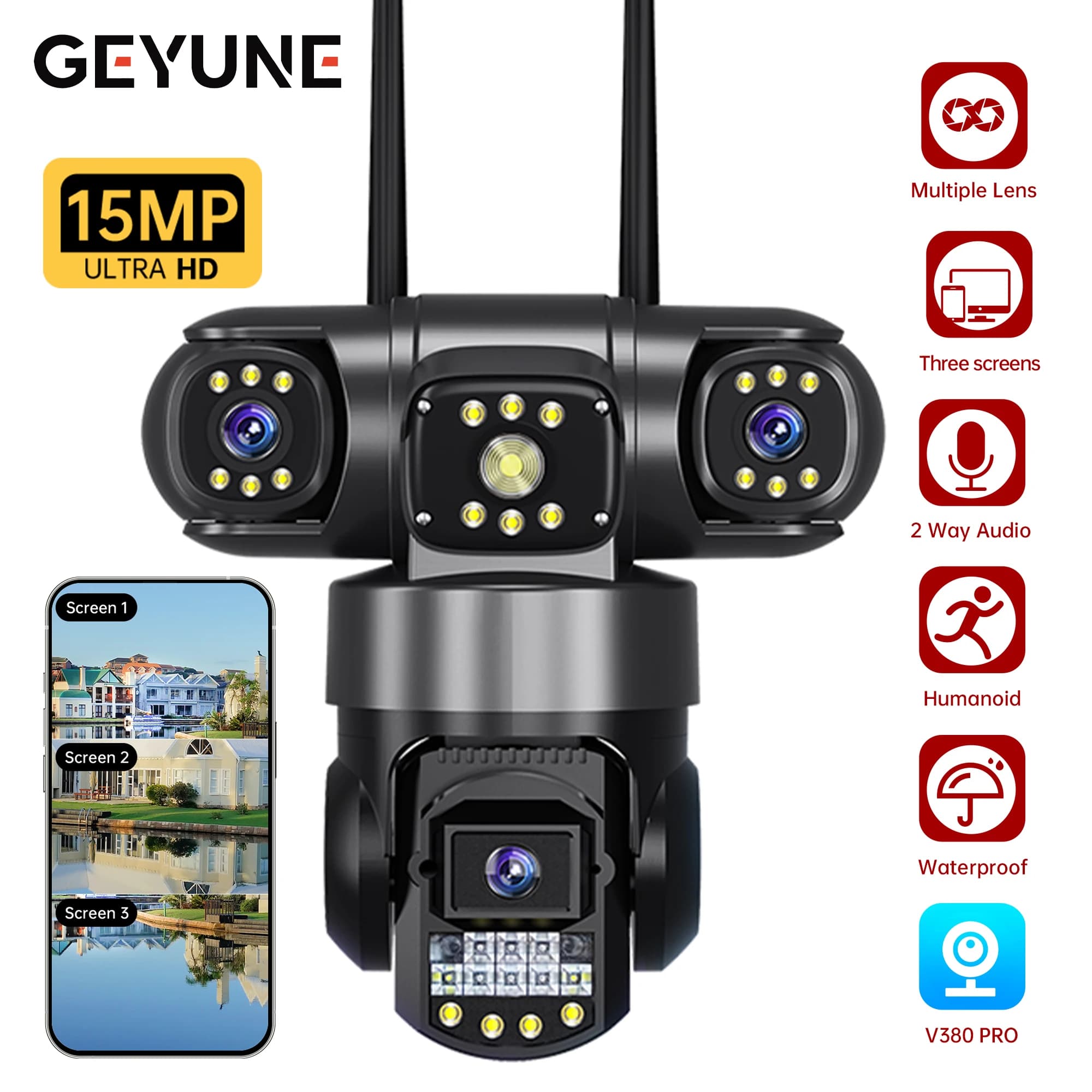 15MP Tre lenti Tre schermi Telecamera IP PTZ Telecamera di sicurezza esterna HD Wifi Zoom 10X Ai Rilevazione umana Telecamera di sorveglianza domestica