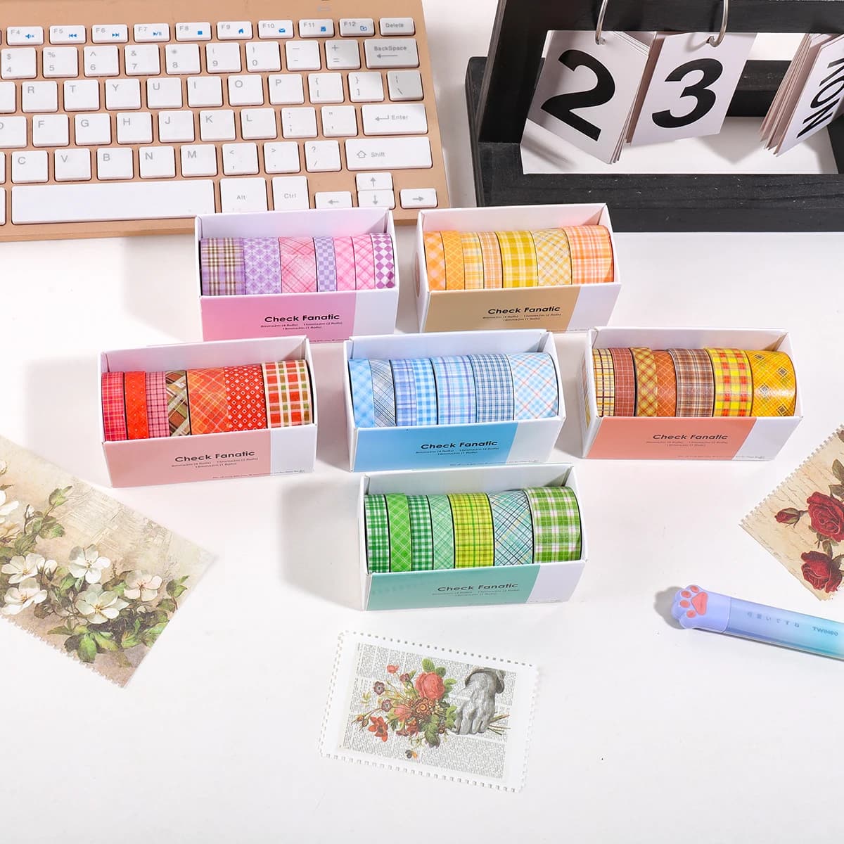 Retro Minimalist Plaid Washi Tape Set 7 Rolls, 8/15/18mm 2m Aesthetic Tape for Scrapbooking Journaling Handmade Craft Decor