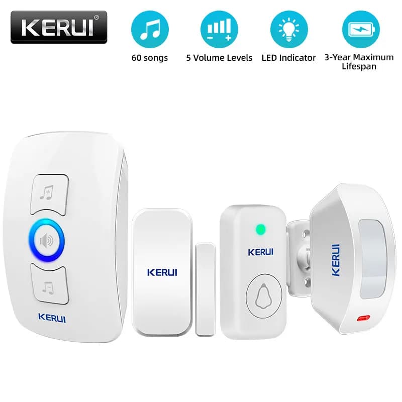 KERUI Campanello senza fili Sicurezza domestica Campanello di benvenuto Campanello per porta Funziona con rilevatore di movimento PIR Sensore porta Pulsante anello di allarme sonoro
