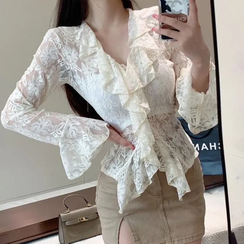 Elegant blouse with volant in lace embellished Solid Color Women's Clothing 2023 Spring Summer New Pullover Casual Chic Shirt with Waxed Sleeves