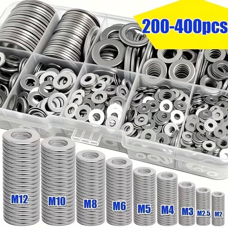 Set of 200/400-piece flat stainless steel washers (M2-M12) – Make yourself for home, industrial repairs, kitchen decorations and external maintenance