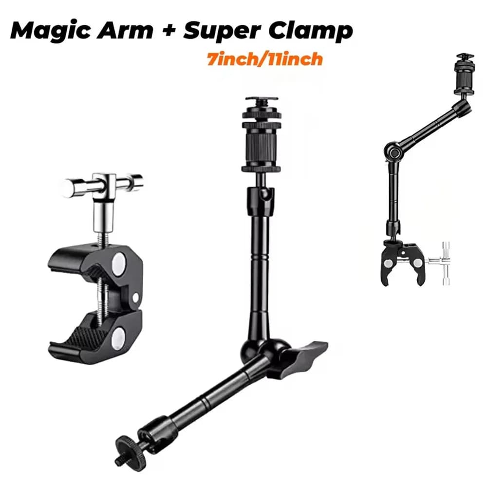 Braccio magico regolabile con morsetto super resistente da 11 pollici, braccio articolato con morsetto a frizione, kit con vite a granchio per fotocamera, monitor e luce