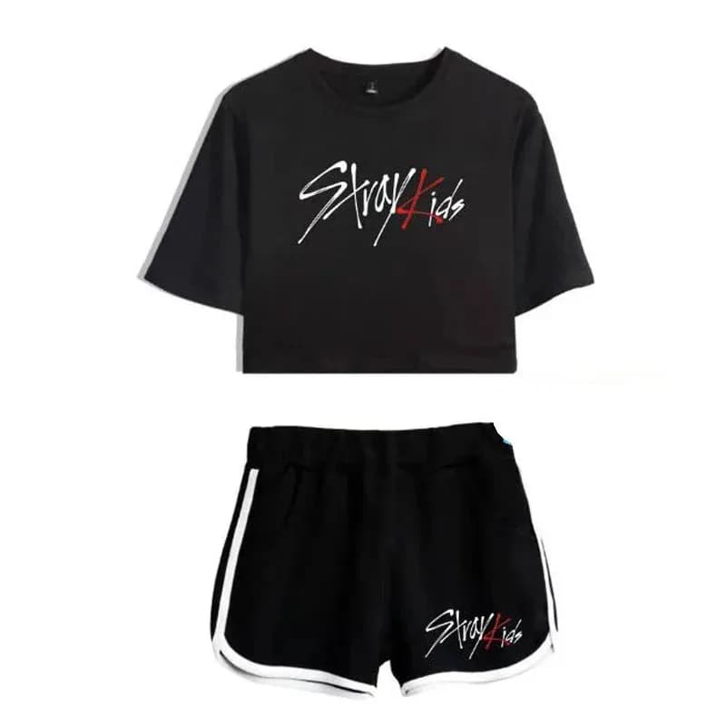 Women's Summer Set Korean Style KPOP Stray Kids 4MJK8E64 Top Short Sleeved + Shorts Women's Dresses Two-piece
