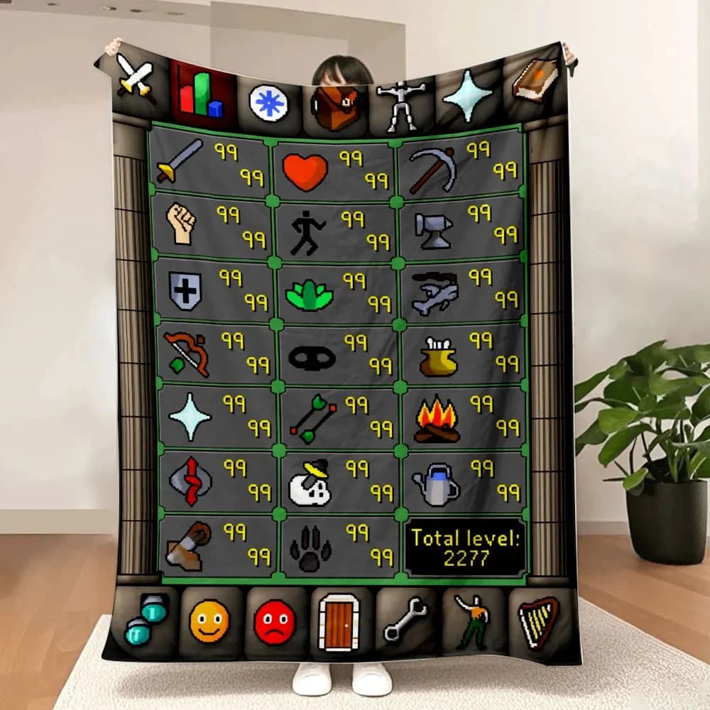 Coperta in flanella con stampa su un solo lato Runescape Max Skill, morbida coperta in flanella per camera da letto, soggiorno, divano, decorazione nostalgica, regalo per giocatori