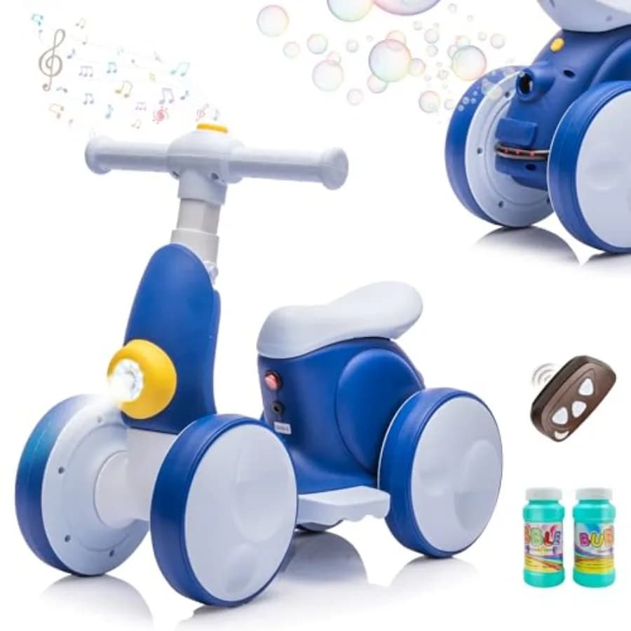 Bicicletta elettrica 4 in 1 per bambini di 1 anno con macchina per bolle, telecomando, motore, musica e luci LED in colore blu.