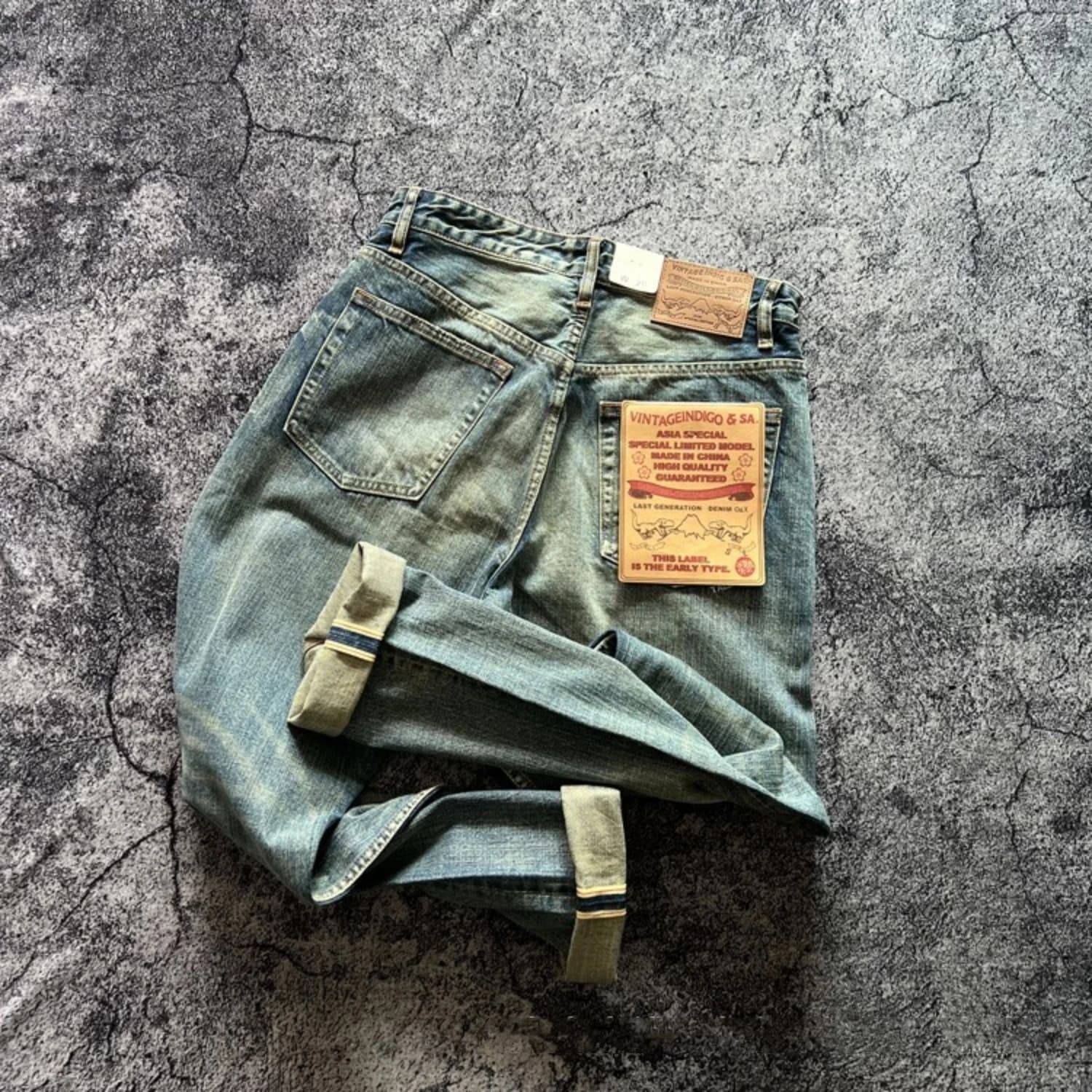 14OZ American vintage wash made old gray blue tan red ears pants in denim wide straight leg high-end men's