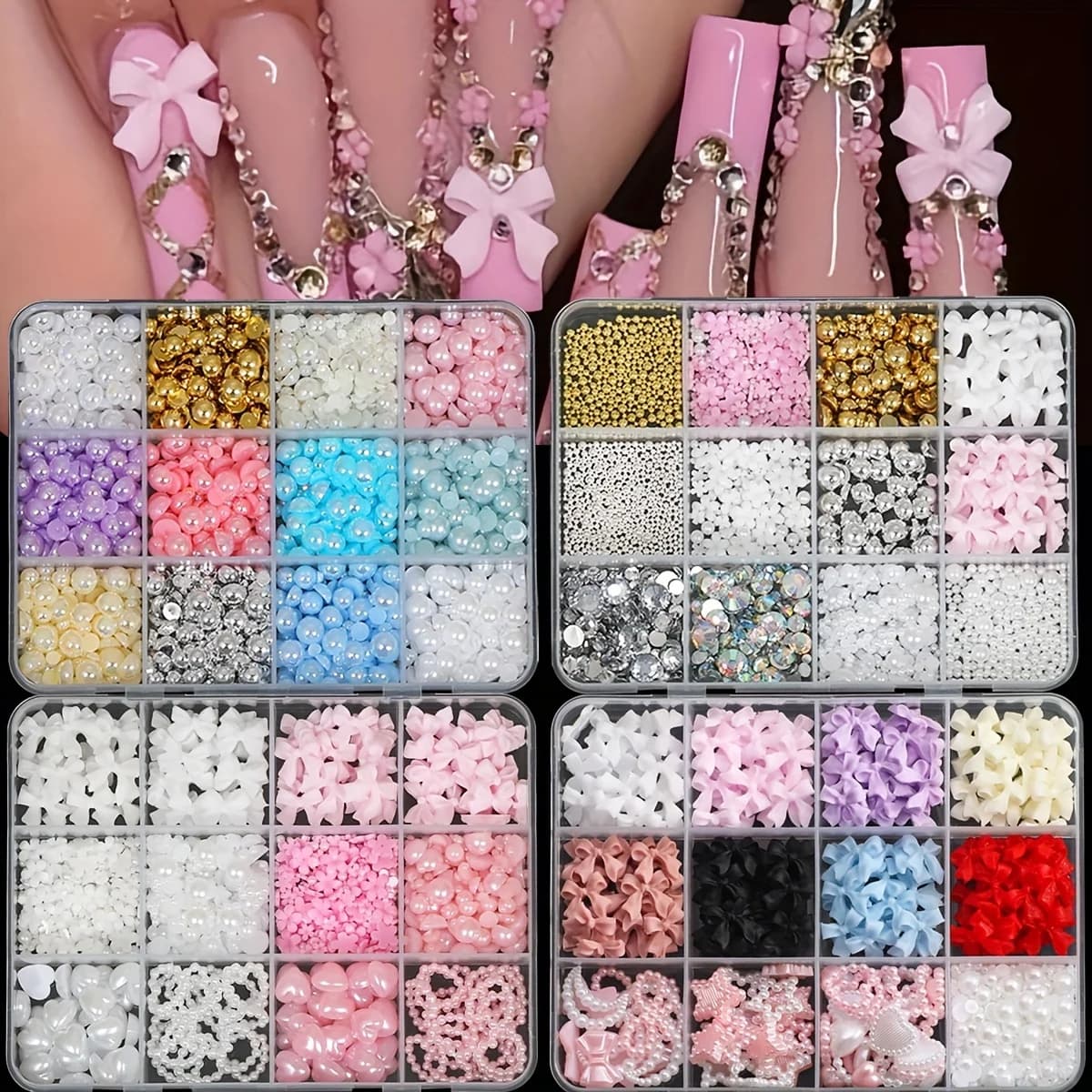 Decoration kit for nail art 3D 500 pieces with resin bows, flat back pearls and assorted shapes – Non-scented hand-made decorations