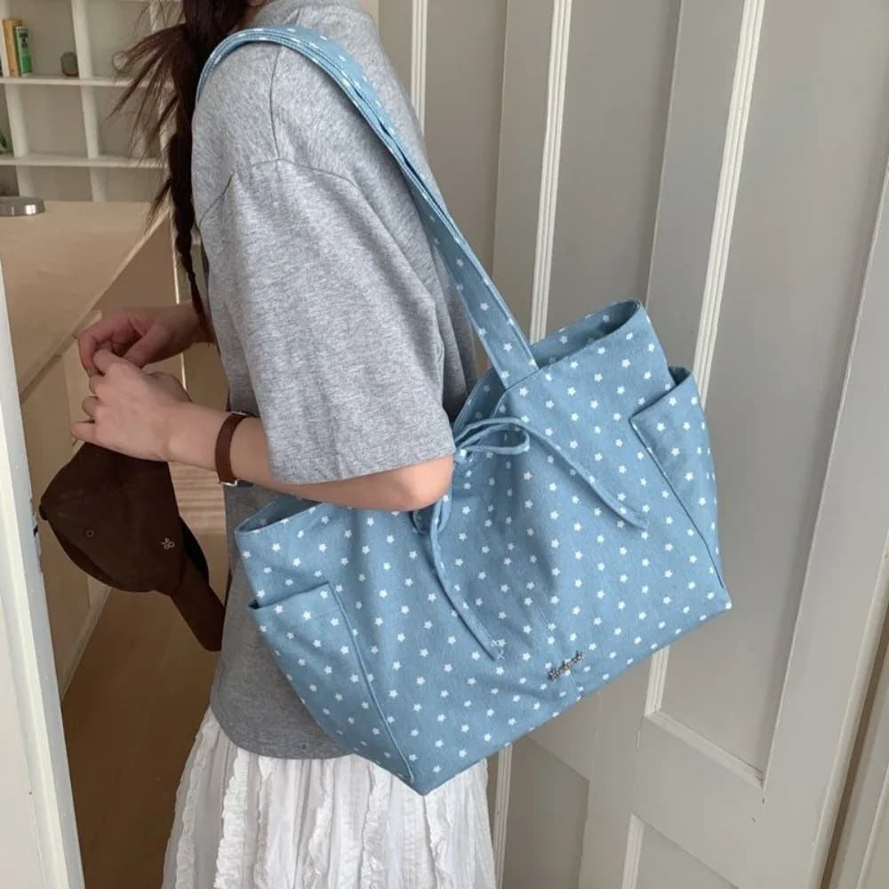 Korean Style Shoulder Bag with Pois, Big Capacity, Casual, With Bow, Tote Bag with Star Elements, Women's Travel Bag