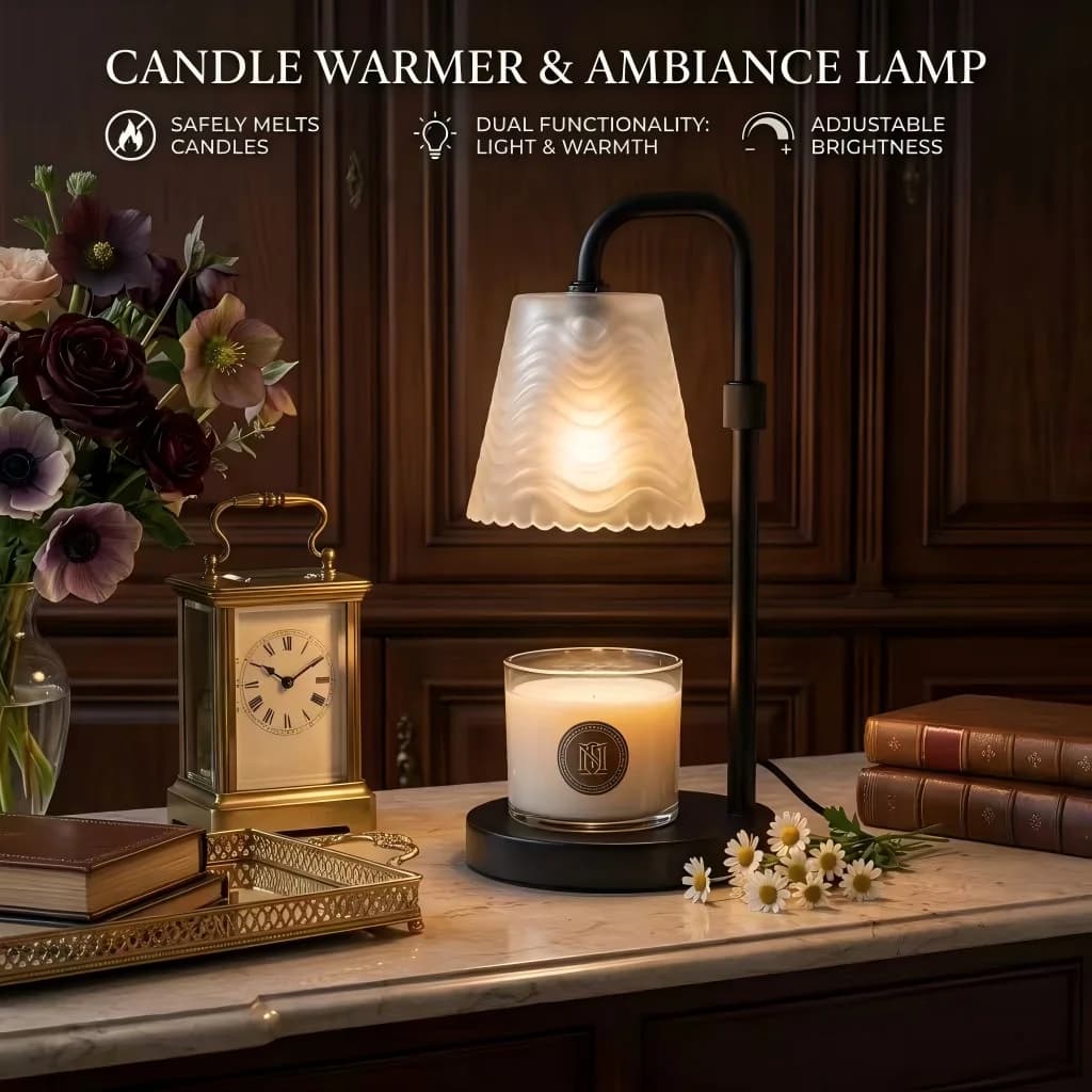 Lampada Scaldacera Elettrica con Timer Intelligente a 4 Tasti e Dimmer, Palo in Metallo Nero Regolabile in Altezza, Paralume in Vetro Smerigliato a Onde, Scioglitore di Cera per Candele in Barattolo, Spina Standard USA con Lampadina Inclusa