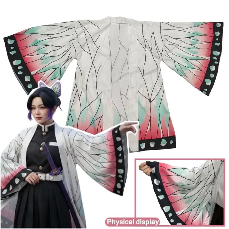Shinobu Kocho Summer Cosplay Costume from Japanese Anime for Women, Kimono with Butterfly Printing, Larghe Sleeves, Cardigan, Hair Clip, Eye Clips