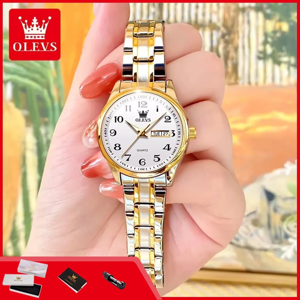 OLEVS 5567 Best Seller Women's Watch, Simple Steel Strap, Waterproof, Bright, With Date and Day, Original Quartz Watch For Women