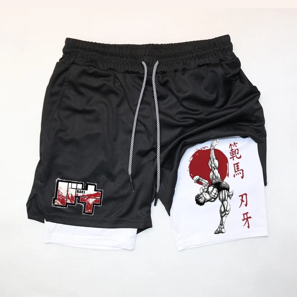 Anime Baki Hanma Gym Shorts Man Woman Fitness Manga Print 2 in 1 Sports shorts Training shorts Short shorts in quick drying net