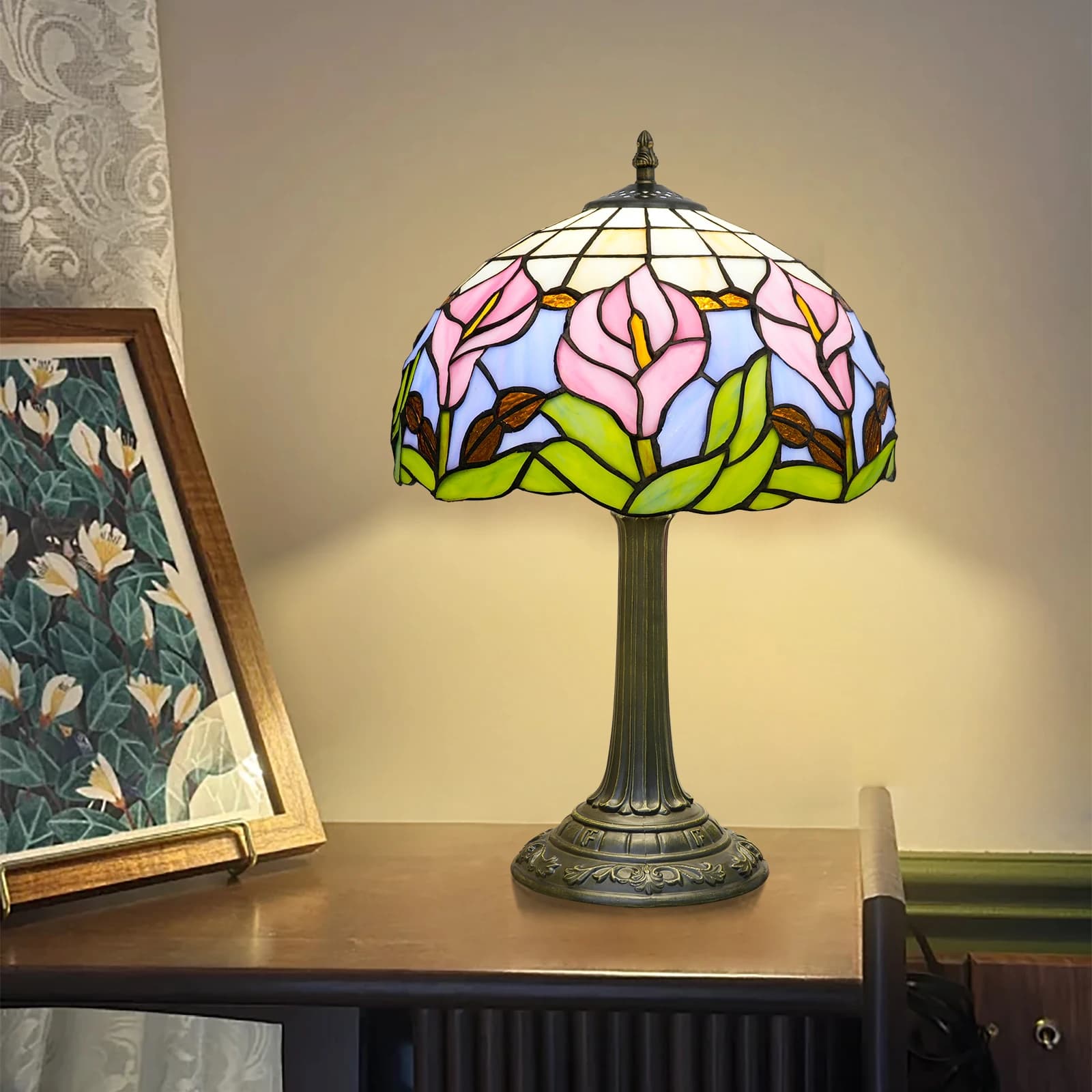 Lampada da scrivania moderna con fiore di giglio calla, lampada da scrivania in vetro colorato, tavolo fatto a mano, comodino, luce notturna, regalo d'arte artigianale antica