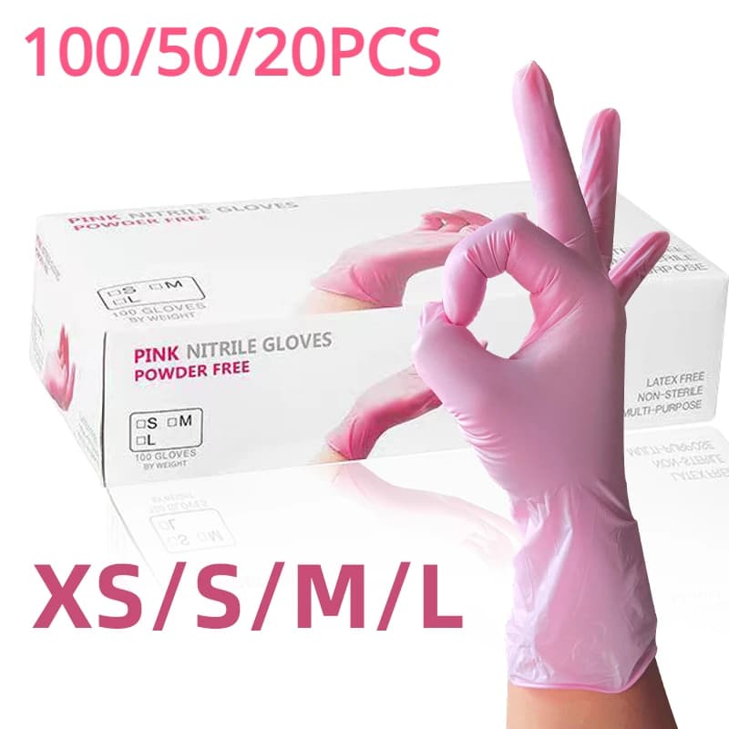 100/50/20PCS Clear Pink Disposable Nitrile Gloves Waterproof Antistatic Light Pink Gloves for Kitchen Tools