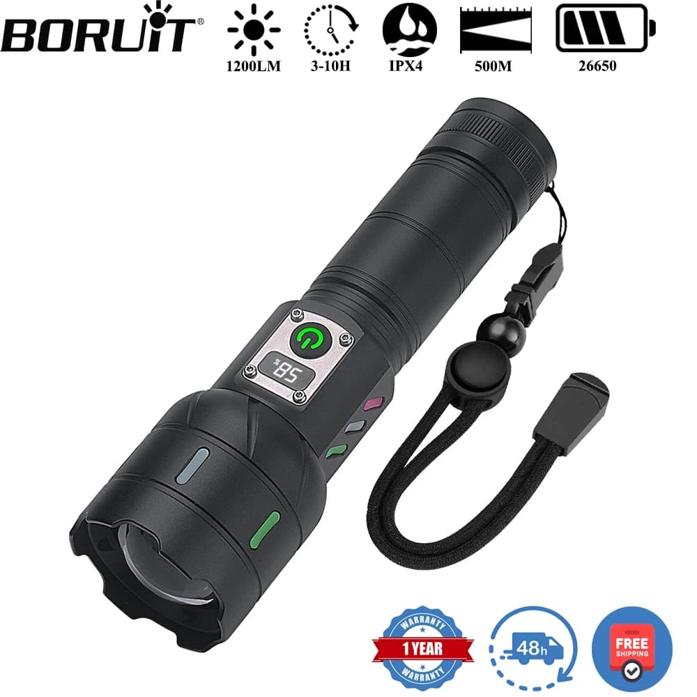 BORUiT A15 500M Lungo Raggio 1200LM LED Zoom Torcia Tipo-C Ricaricabile Power Bank Torcia Esterna Impermeabile Lanterna da campeggio