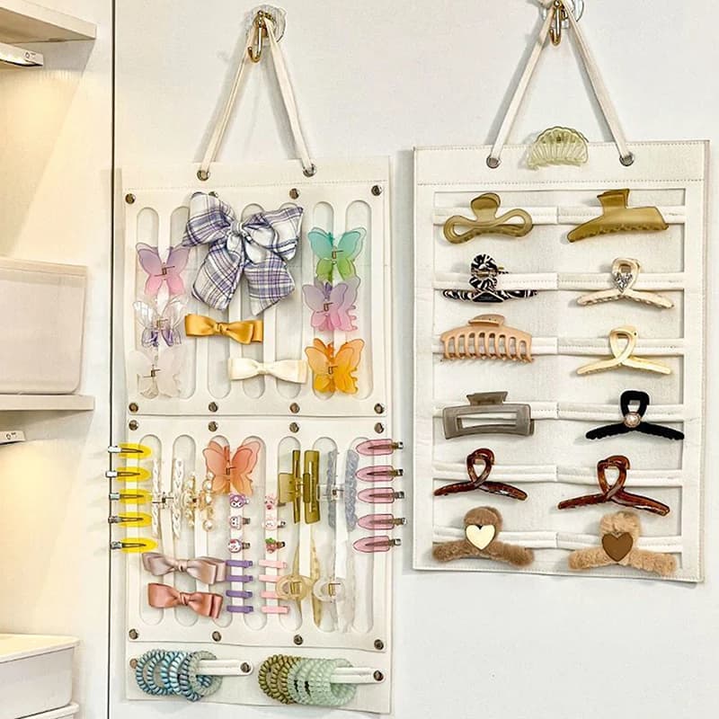 Storage organizer with clip for hair claws hanging for women and girls, soft felt bands, sunglasses display, bag accessories