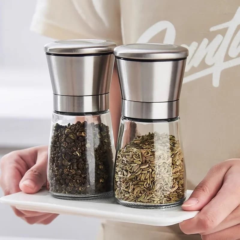 Stainless Steel Grinder with Glass Container, Grinding Salt and Pepper Manual, Kitchen Accessories