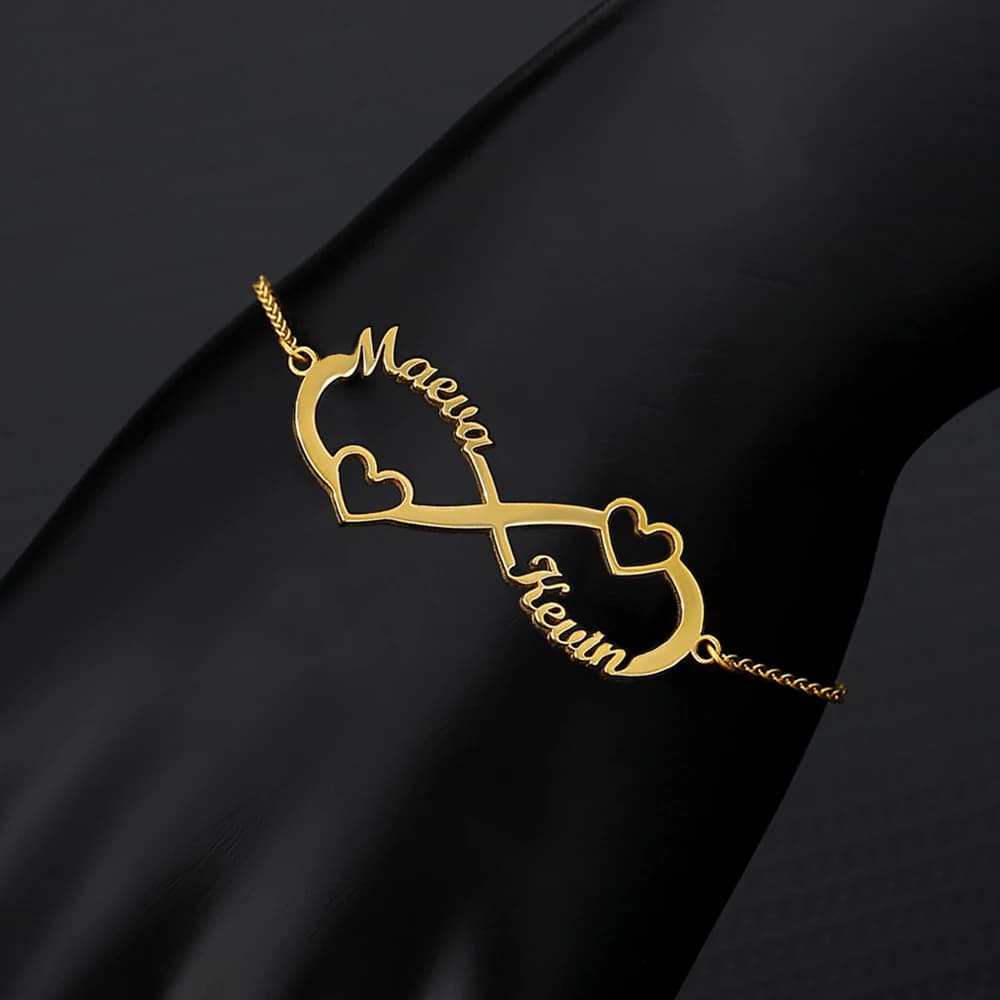 Braccialetti infiniti personalizzati con due nomi di cuori per donna Bracciale personalizzato in acciaio inossidabile Regalo di gioielli da polso personalizzati femminili
