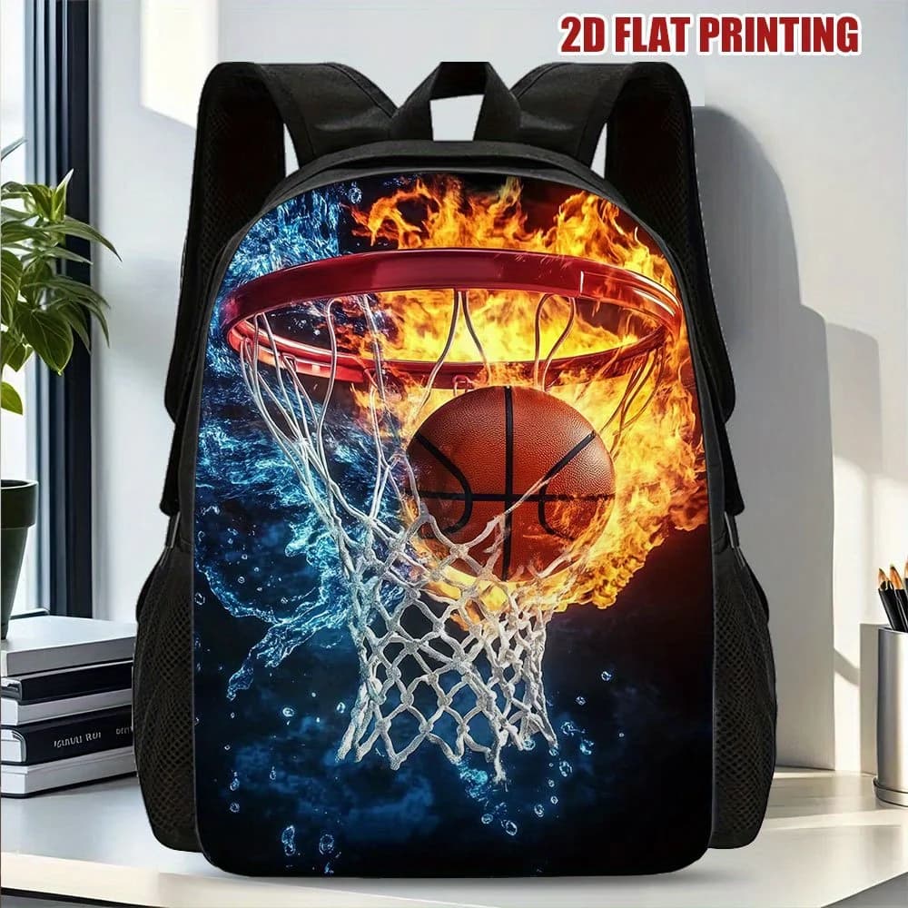 2D Flame Printed Basketball Backpack - Brilliant Print, Large Capacity, Zipper Closure, Lightweight And Durable