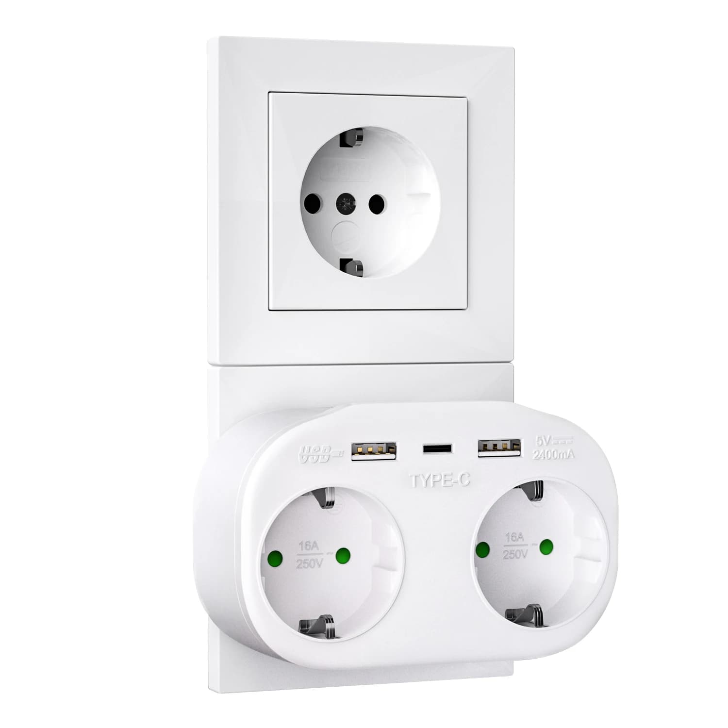 Presa di corrente con spina europea da 4000 W con 2 prese di corrente CA 2 porte di ricarica USB 1 adattatore per presa a muro di tipo C Adatto per uffici domestici