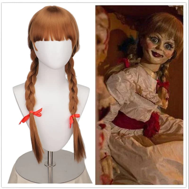 Parrucca cosplay per bambola Annabelle, parrucca lunga marrone intrecciata, resistente al calore, in capelli sintetici, per giochi di ruolo