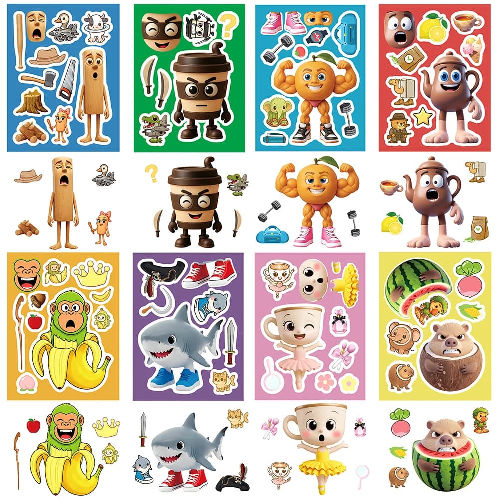 8/16 fogli Cervello Italiano Crea una Faccia Puzzle Adesivi Tung Tung Sahur Animali FAI DA TE Assemblare Jigsaw Cartoon Decalcomanie Giocattolo Del Partito Del Capretto