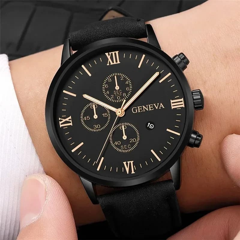 1pc Men's Black Quartz Watch Roman Dial Watch Fashion Date Round Quartz Watch For Sport Relógios Masculino Relojes Para Hombres