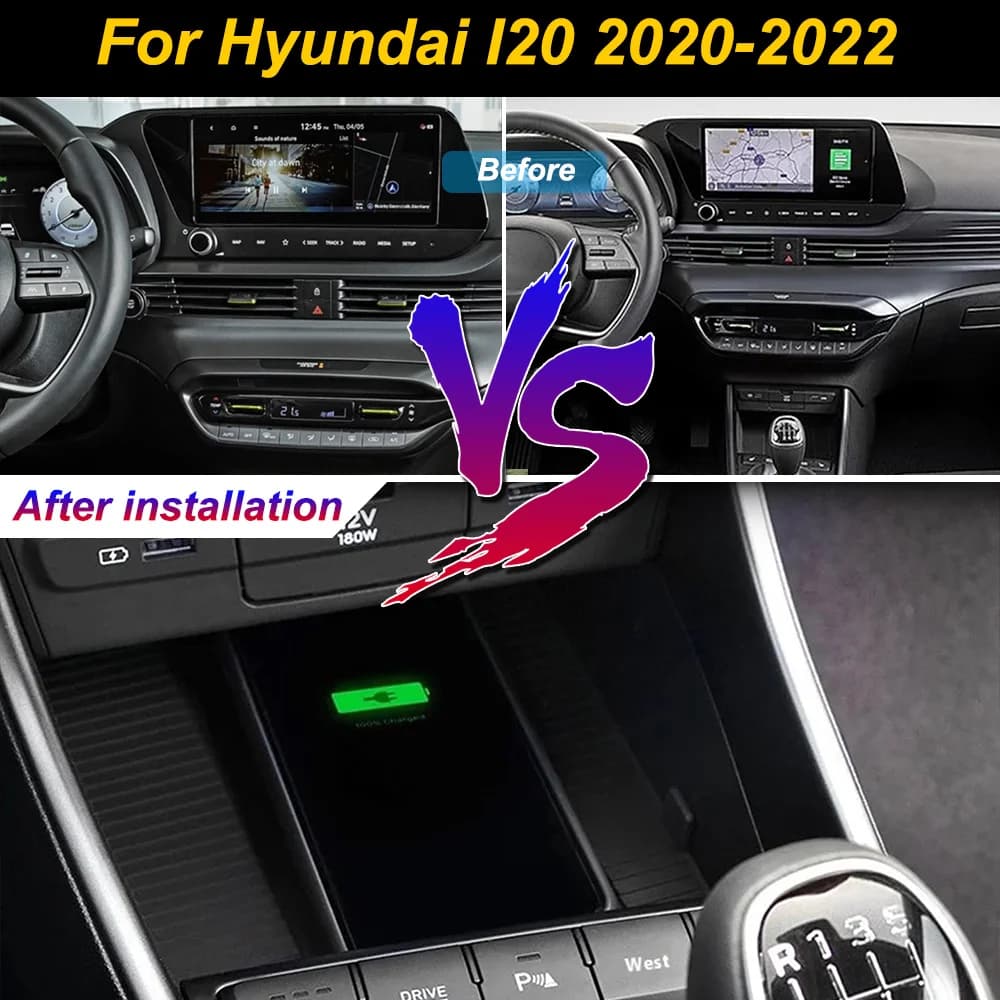 Caricatore wireless 2Din per auto Hyundai i20 2020 2021 2022, supporto per telefono cellulare con portaoggetti per console centrale, piastra di ricarica rapida da 18W per iPhone