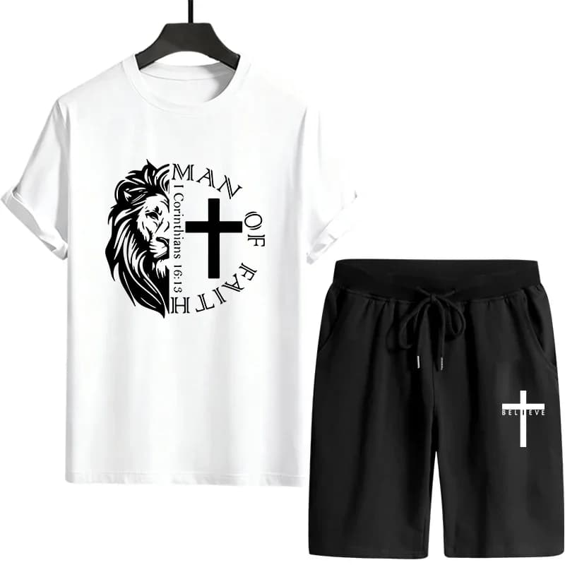 Complete Men's Modern Sporty Suit 2026 with Print 'Man of Faith', T-Shirts and Shorts, Urban Casual Outfit for Daily Use, Comfortable Full Spring Summer