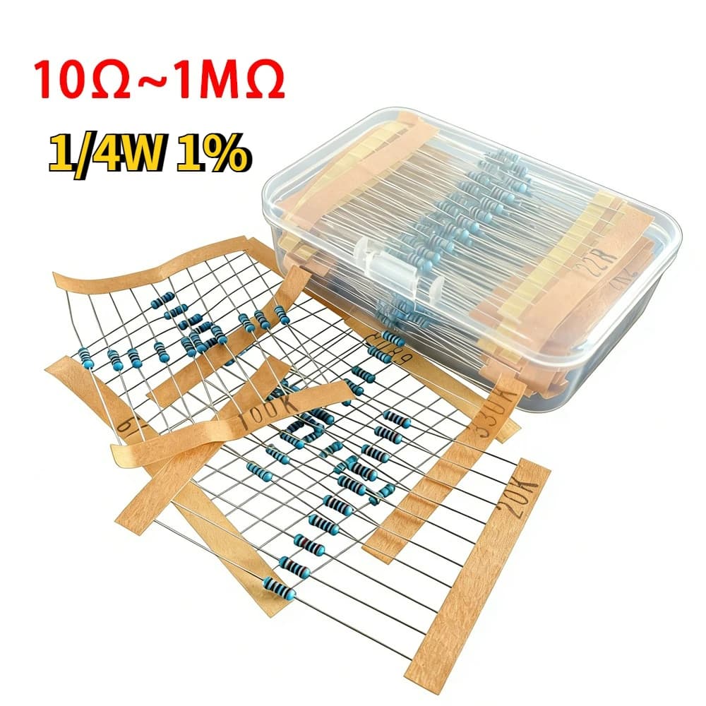 Assorted Film Resistors Kit Metallic 300/600 Pieces, 30 Values, 1/4W 0.25W, Tolerance 1%, 10Ω~1MΩ, High Precision Resistors for Arduino
