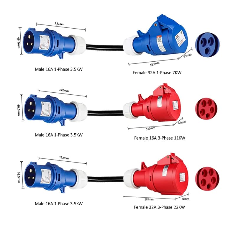 Adattatore di ricarica EV maschio 16A monofase blu 3,5KW spina CEE a femmina trifase rosso 16A 11KW / 32A 22KW / presa blu monofase 32A 7KW