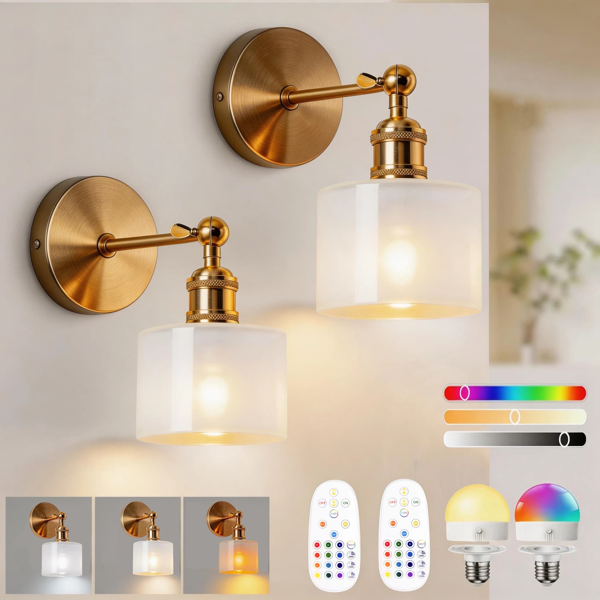 Lampada da parete retrò dorata senza fili, alimentata a batteria, ricaricabile, con paralume in vetro, telecomando e lampadine a 15 colori, lampada da parete senza fili per camera da letto, soggiorno, decorazione da parete per corridoio