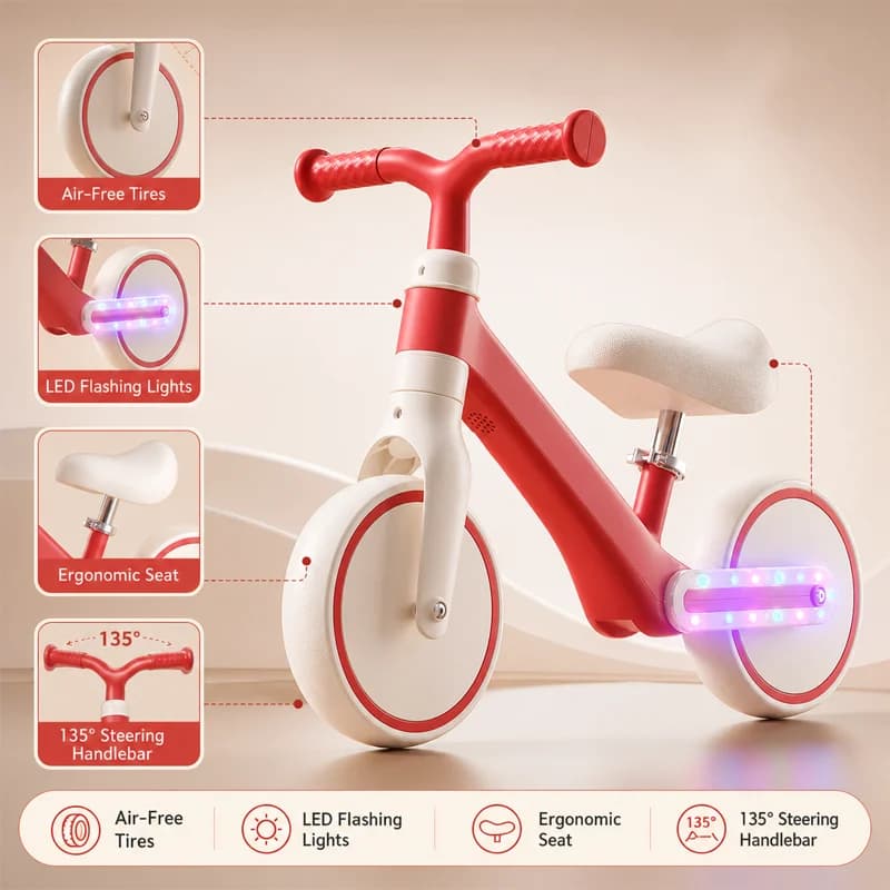 Balance Bike LED Flashing Wheels No‑Pedal Walking Bicycle 135° Limit Steering Air‑Free Tires, Ergonomic Seat Outdoor Sports Toy