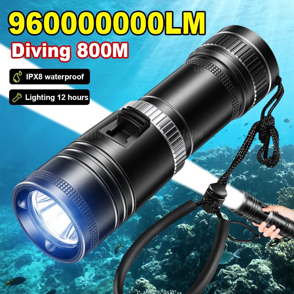 96.000.000 Lumen Professional LED Downlight, Powerful Underwater Flashlight with Luminous Super Intensive Headband and Nail Cord, Rechargeable underwater led flashlight
